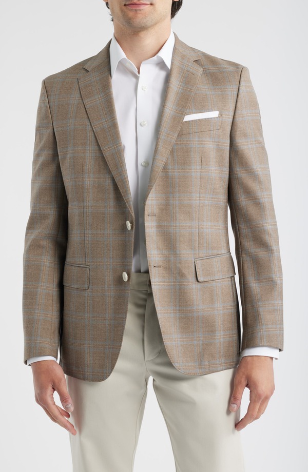 主任者 メンズ アウター 上衣・上衣 か細い嵌まる 毛糸 厚地の外套 BOSS Hutson Slim Fit Brown Plaid Wool Sport Coat Open Brown 赤銅色
