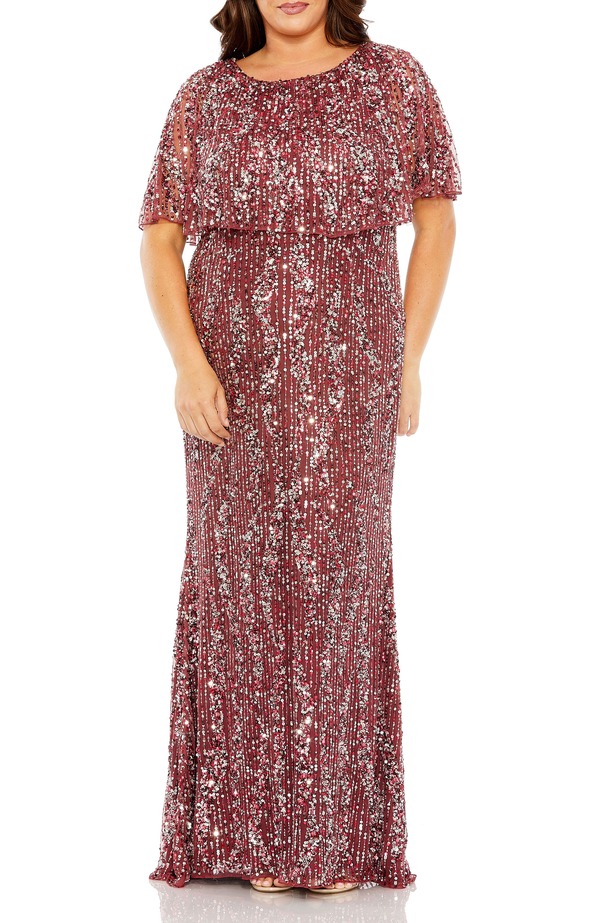 マックダガル レディース トップス ワンピース ケープデザイン シアー スパンコール キャップ ケープ Mac Duggal High-Neck Sequin Embellishedress with Semi-Sheer Cape Sleeves Mulberry