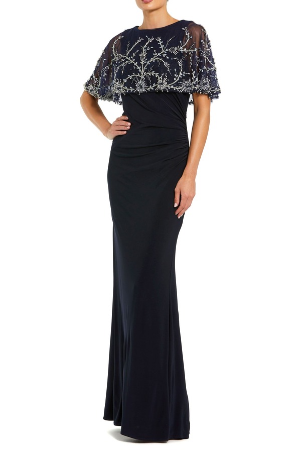 マックダガル レディース トップス ワンピース ケープデザイン キャップ ケープ ジャージー Mac Duggal Fitted Jersey Embellished Cape Gown Midnight
