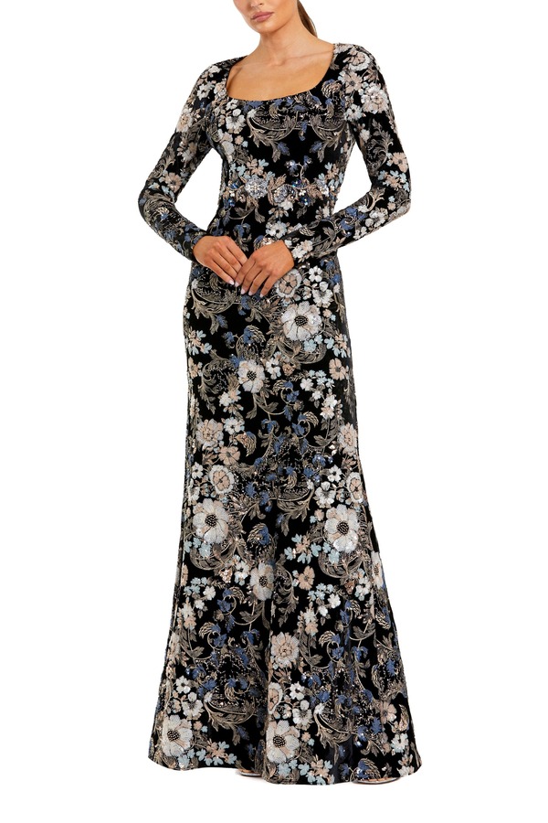 マックダガル レディース トップス ワンピース ベルベット 刺繍 Mac Duggal Embroidered Velvet Long Sleeve Scoop Neck Gown Black Multi ブラック 107,690円