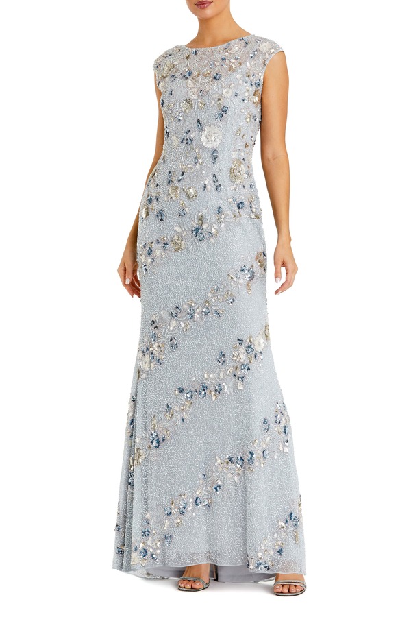 マックダガル レディース トップス ワンピース フラワー柄 キャップ フラワー Mac Duggal Floral Embellished Cap Sleeve Column Eveningown Powder Blue ブルー