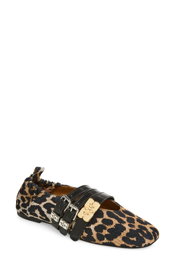 ガニー レディース シューズ パンプス Ganni Mary Jane Ballerina Flat Almond Milk Leopard Print 毛の荒物