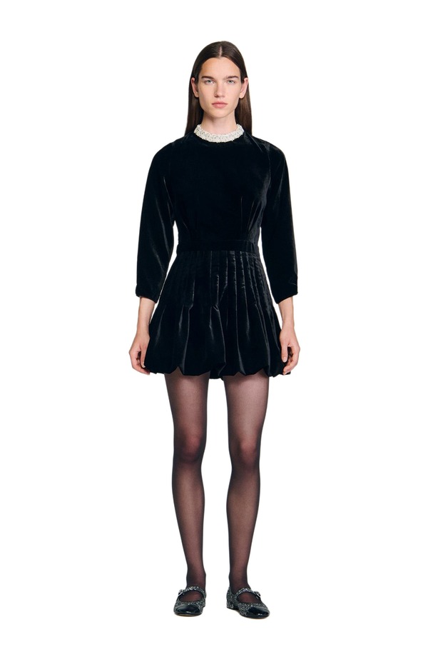 サンドロ レディース トップス ワンピース ベルベット SANDRO Beaded velvet short dress Black ブラック