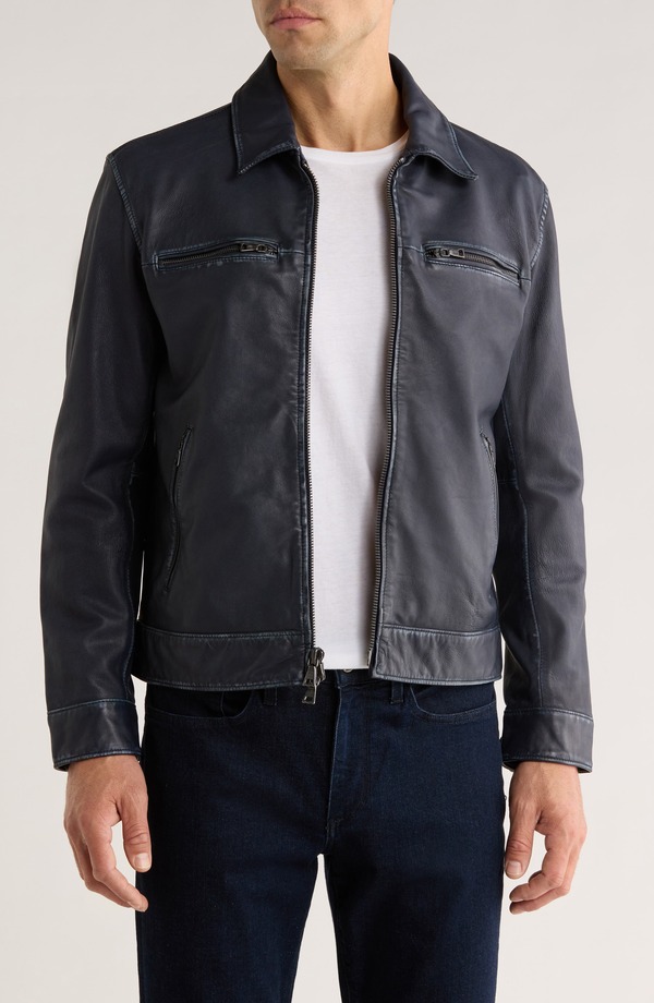 ジョンバルベイトス メンズ アウター ジャケット・ブルゾン レザー John Varvatos Nicholas Burnished Sheepskin Leather Jacket Deep Blue ブルー｜ReVida 店