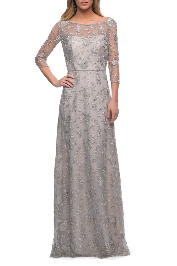 ラフェム レディース トップス ワンピース レース La Femme Lace Dress withree-Quarter Sleeves and Illusioneckline Pearl Silver パール