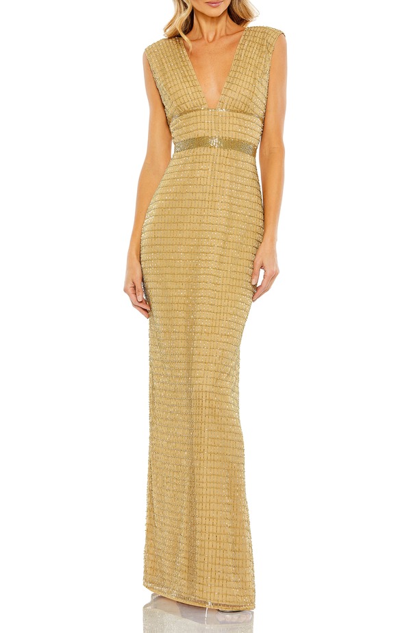マックダガル レディース トップス ワンピース キャップ Mac Duggal Elegant Beaded Column Gown with Cap Sleeves & V-Neckline Gold ゴールド