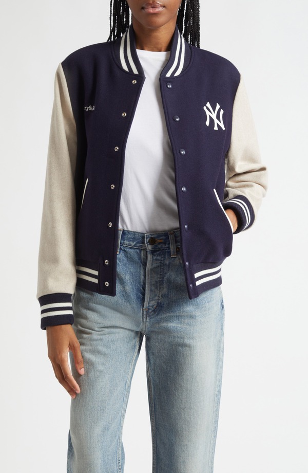 スポーティ アンド 金持ち レディース アウター 上衣・上衣 羊毛 Sporty \u0026 Richomerunew York Yankees Wool Varsity Jacket Dark Navy/ Cream 皮膚軟化剤