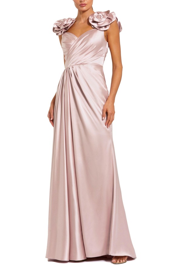 マックダガル レディース トップス ワンピース サテン Mac Duggal Faux Wrap Satin Gown With 3D Flower Straps Rose