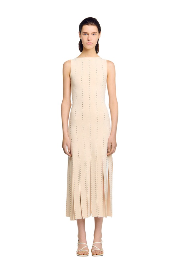 サンドロ レディース トップス ワンピース ニット マキシ フリンジ SANDRO Fringed knit maxi dress Ecru エクリュ