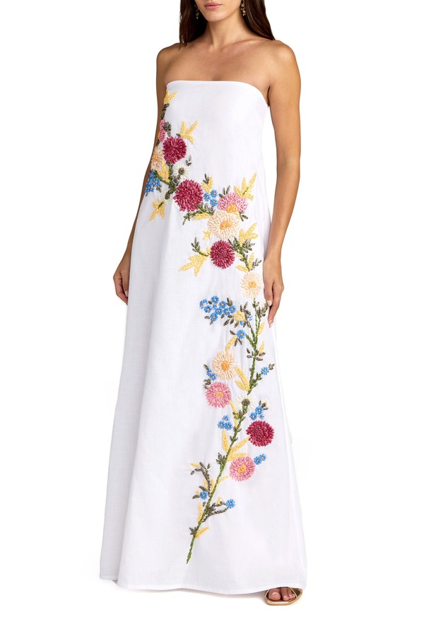 マックダガル レディース トップス ワンピース フラワー柄 ストラップレス 刺繍 リネン フラワー Mac Duggal Strapless Floral Embroidered Linen Gown White Multi ホワイト