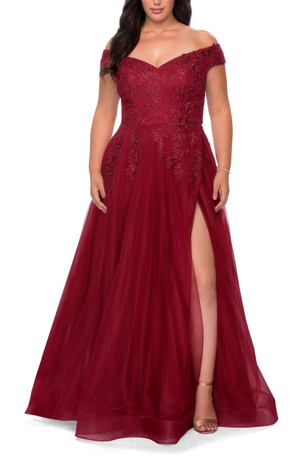 ラフェム レディース トップス ワンピース チュール プラスサイズ レース La Femme Off The Shoulder Tulle Plusize Gown with Lace Burgundy バーガンディ
