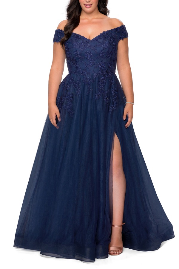 ラフェム レディース トップス ワンピース チュール プラスサイズ レース La Femme Off The Shoulder Tulle Plusize Gown with Lace Navy ネイビー