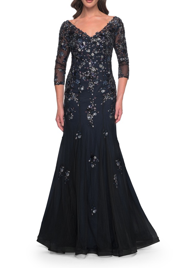 ラフェム レディース トップス ワンピース レース La Femmermaid Lace Applique Gown with V Neckline and Sleeves Black/Navy ブラック｜ReVida 店