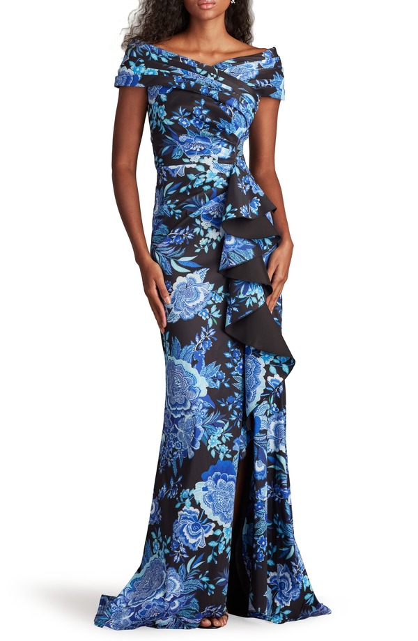 タダシショージ レディース トップス ワンピース フラワー柄 プリント フリル フラワー Tadashi Shoji Floral Print Ruffle Off the Shoulder Gown Black/ Blue Floral ブラック