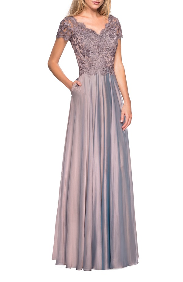 ラフェム レディース トップス ワンピース シフォン レース La Femme Long Chiffon Dress with Lace Bodice and Pockets Cocoa ココア