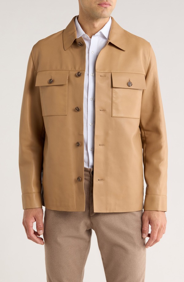 ボス メンズ アウター ジャケット・ブルゾン シャツ レザー BOSS Malid Leather Button-Up Shirt Jacket Medium Beige ベージュ