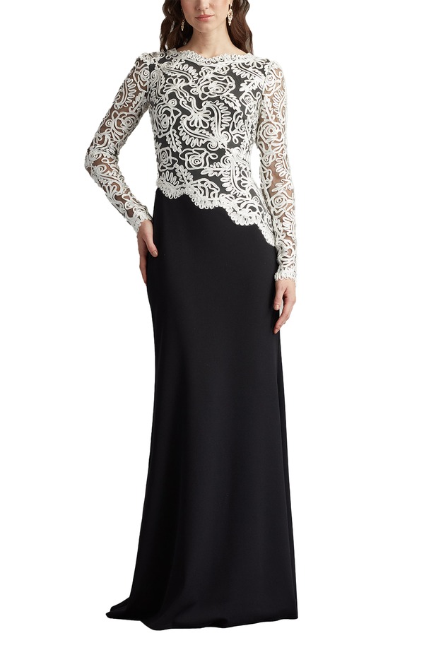 タダシショージ レディース トップス ワンピース クレープ レース Tadashi Shoji Lace Scroll Crepe Gown Black/ Ivory アイボリー