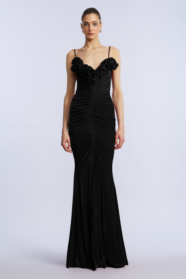 ビーシービージーマックスアズリア レディース トップス ワンピース フリル ベルベット BCBGMAXAZRIA Ruffle Velvet Gown Black ブラック