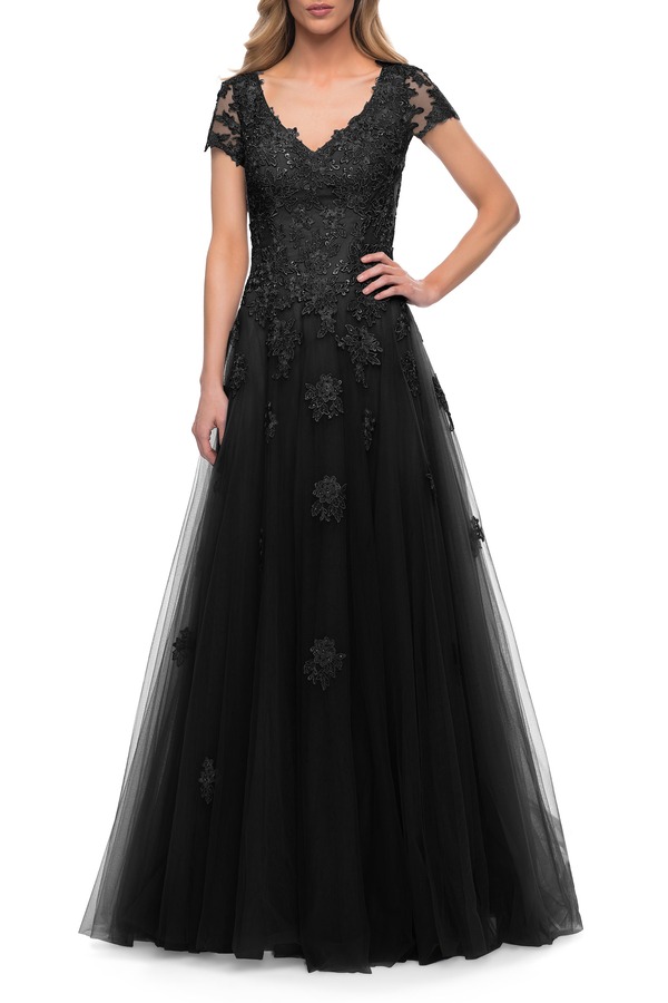 ラフェム レディース トップス ワンピース Vネック チュール A ライン レース La Femme Tulle A Line Gown with Lace Applique and V Neck Black ブラック