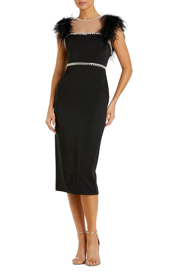 マックダガル レディース トップス ワンピース ミディ キャップ Mac Duggal Feather Cap Sleeve Pearl Embellished Midi Dress Black ブラック｜ReVida 店