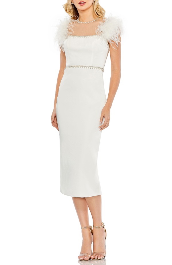 マックダガル レディース トップス ワンピース ミディ キャップ Mac Duggal Feather Cap Sleeve Pearl Embellished Midi Dress White ホワイト