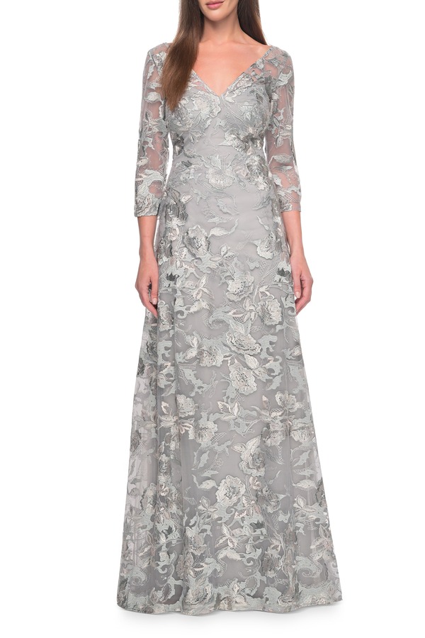 ラフェム レディース トップス ワンピース レース La Femme Unique Silver Lace Mother of the Bride Gown with Sleevesilver/Slate スレート|ReVida 店