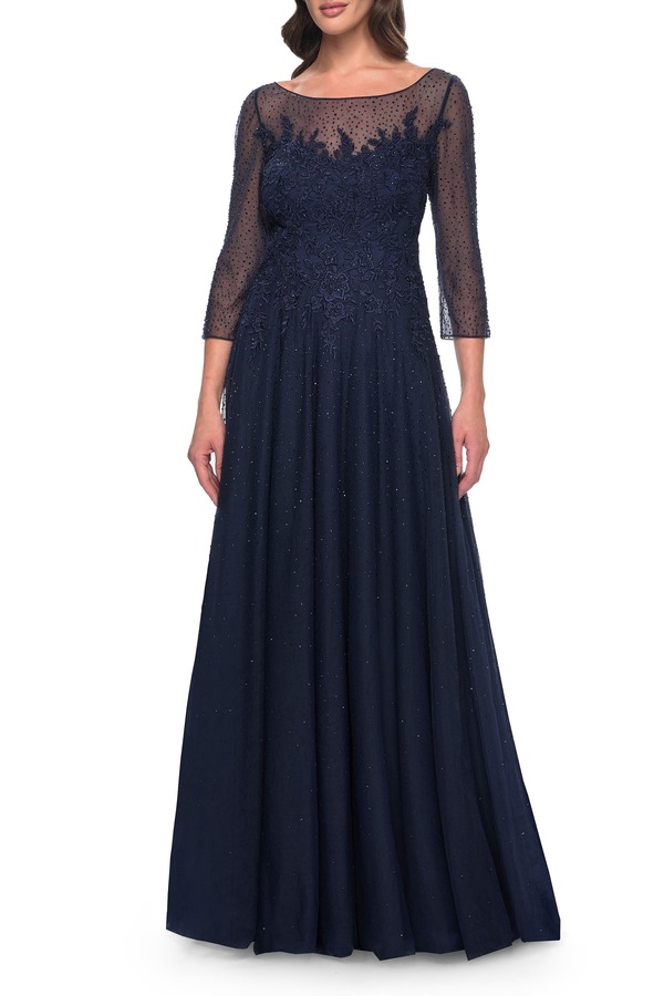 ラフェム レディース トップス ワンピース チュール A ライン レース La Femme Rhinestonembellished A-Line Tulle and Lacevening Dress Navy ネイビー