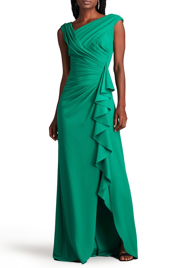 タダシショージ レディース トップス ワンピース アシンメトリー フリル Tadashi Shoji Asymmetric Neck Side Ruffle Fit & Flare Gown Aloe Green グリーン