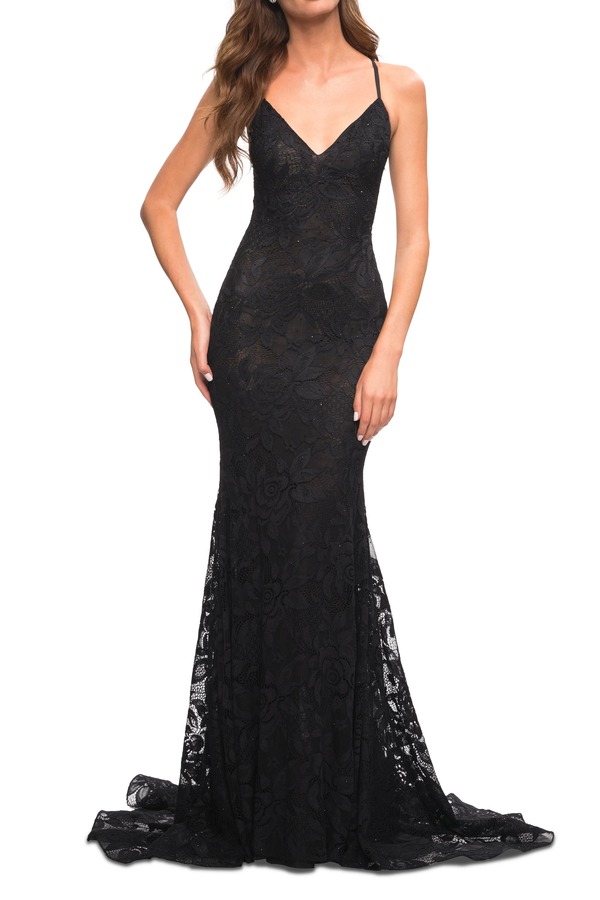 ラフェム レディース トップス ワンピース レース La Femme Stunning Mermaid Stretch Lace Gown with Low Back Black ブラック
