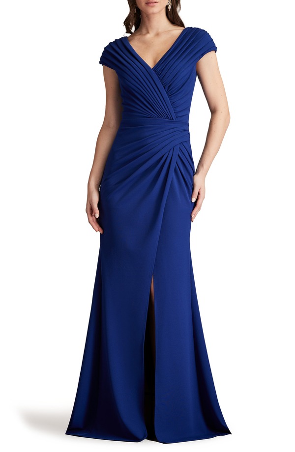タダシショージ レディース トップス ワンピース クレープリーツ Tadashi Shoji Pleated Crepe Trumpet Gown Midnight|ReVida 店