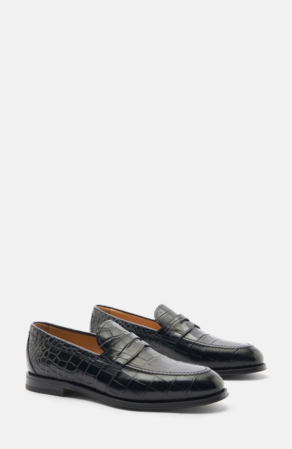 スカロッソ メンズ シューズ 置き目毛皮 SCAROSSO Stefano Loafers Black - Croco-Printed Calf 黒いこと