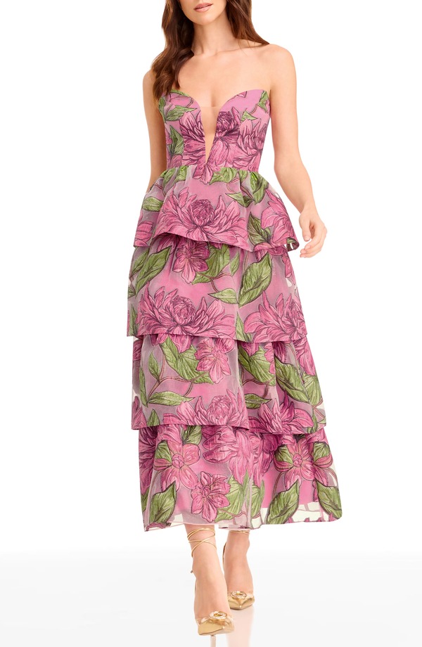 ドレスザポプレーション レディース トップス ワンピース ティアード フラワー柄 ストラップレス フラワー Dress the Population Savannah Floral Strapless Tiered Gown Bright Fuchsia Multi フューシャ|ReVida 店