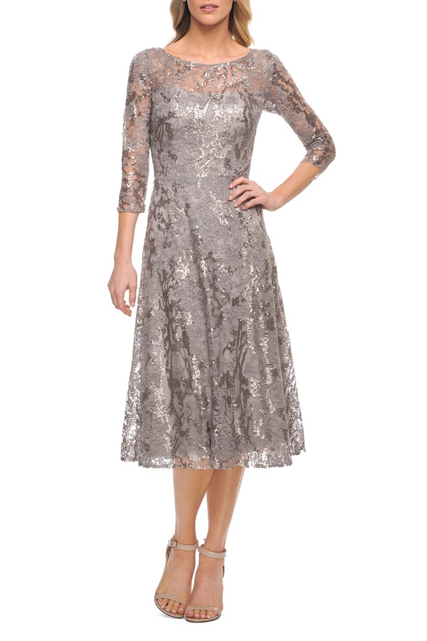ラフェム レディース トップス ワンピース トール レース La Femme Lace Metallic Tea Length Dress withree-Quarter Sleevesilver シルバー｜ReVida 店