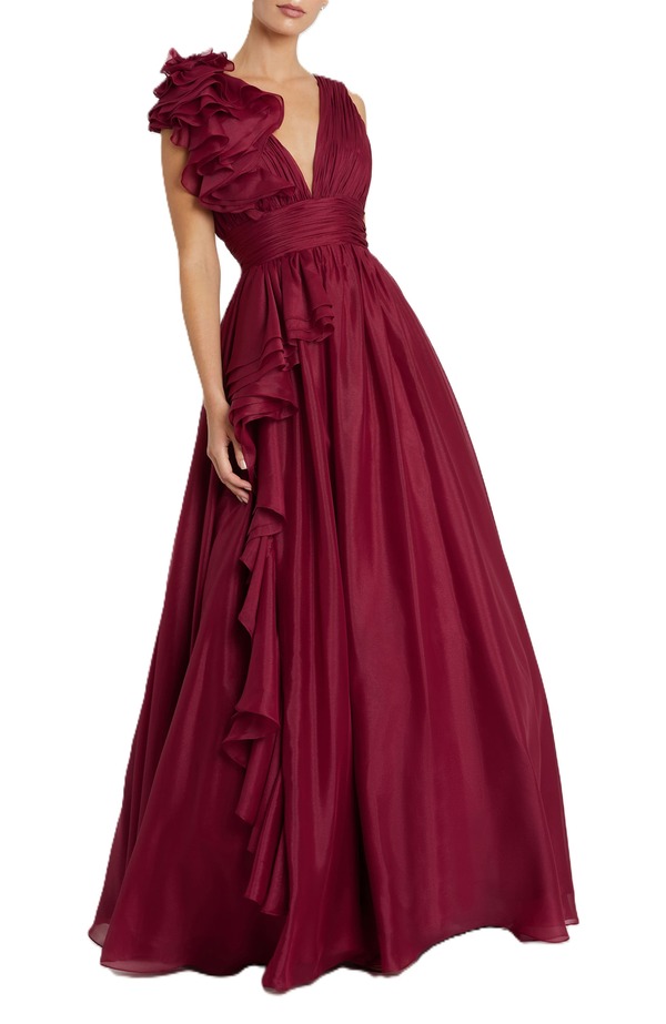 マックダガル レディース トップス ワンピース Vネック シフォン フリル Mac Duggal Ruffle Shoulder V-Neck Chiffon Gown Wine ワイン｜ReVida 店