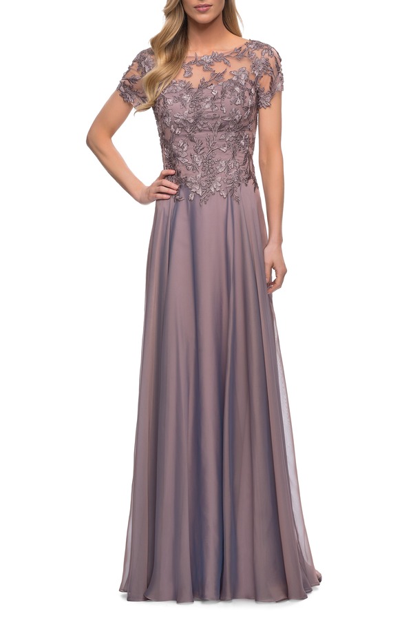 ラフェム レディース トップス ワンピース シフォン レース La Femme Chiffon Eveningown with Lace Bodice Dark Mauve