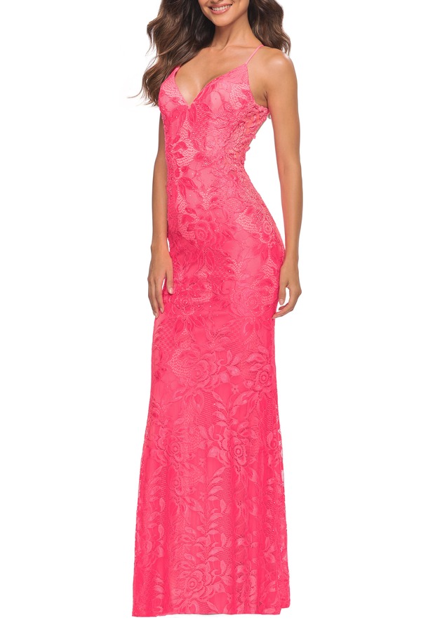 ラフェム レディース トップス ワンピース レース La Femme Lace Prom Dress with Illusion Embellished Sides ineon Colors Neon Pink ピンク