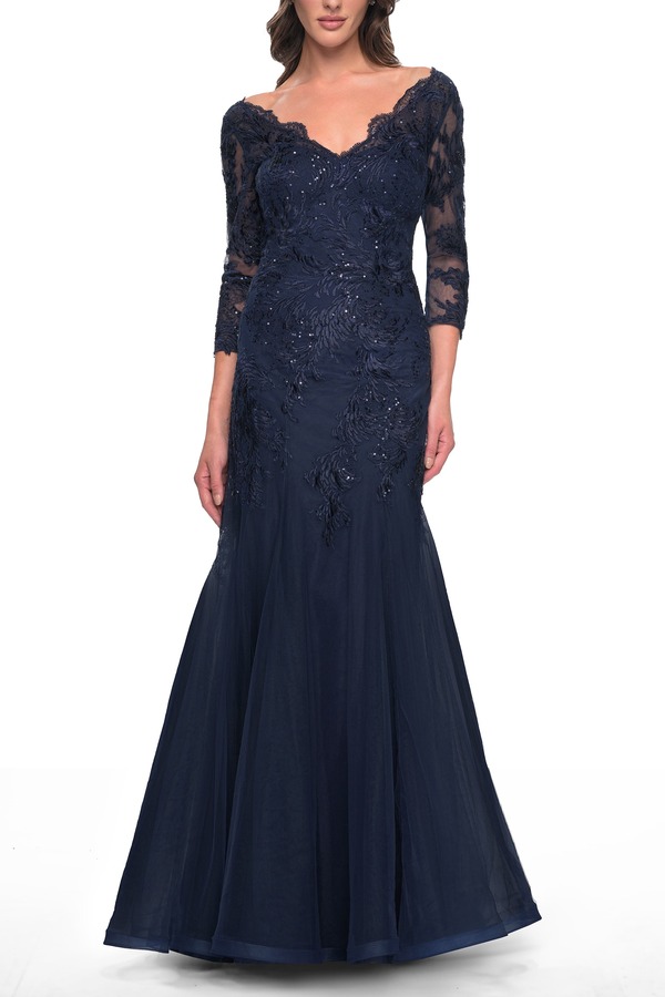 ラフェム レディース トップス ワンピース チュール レース La Femmermaid Tulle and Lace Dress with Scallop Detailed Neckline Navy ネイビー
