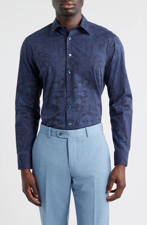 エトロ メンズ トップス シャツ コットン Etroma Stretch Cotton Dresshirt Stampa F.do Blue ブルー|ReVida 店
