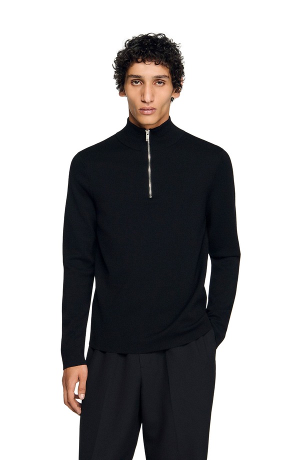 サンドロ メンズ アウター パーカー・スウェット ウール セーター SANDRO Wool sweater with zip collar Carbon Black ブラック｜ReVida 店 70,290円