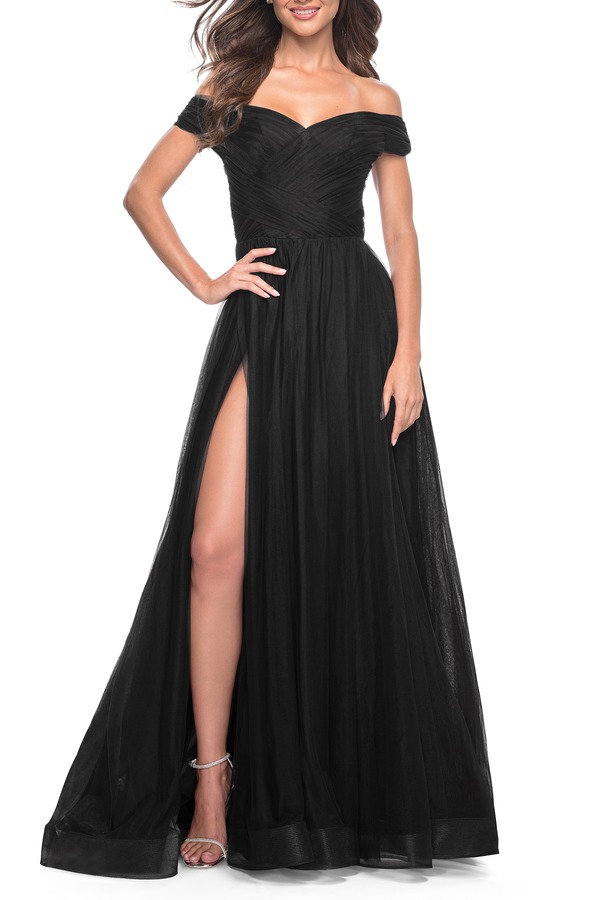 ラフェム レディース トップス ワンピース チュール A ライン La Femme A-Line Tulle Prom Dress with Off the Shoulder Top Black ブラック