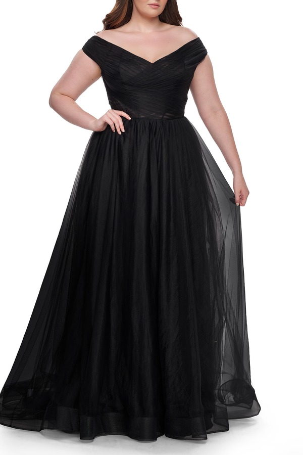 ラフェム レディース トップス ワンピース チュール A ライン プラスサイズ La Femme A-Line Tulle Off the Shoulder Plusize Dress with Slit Black ブラック