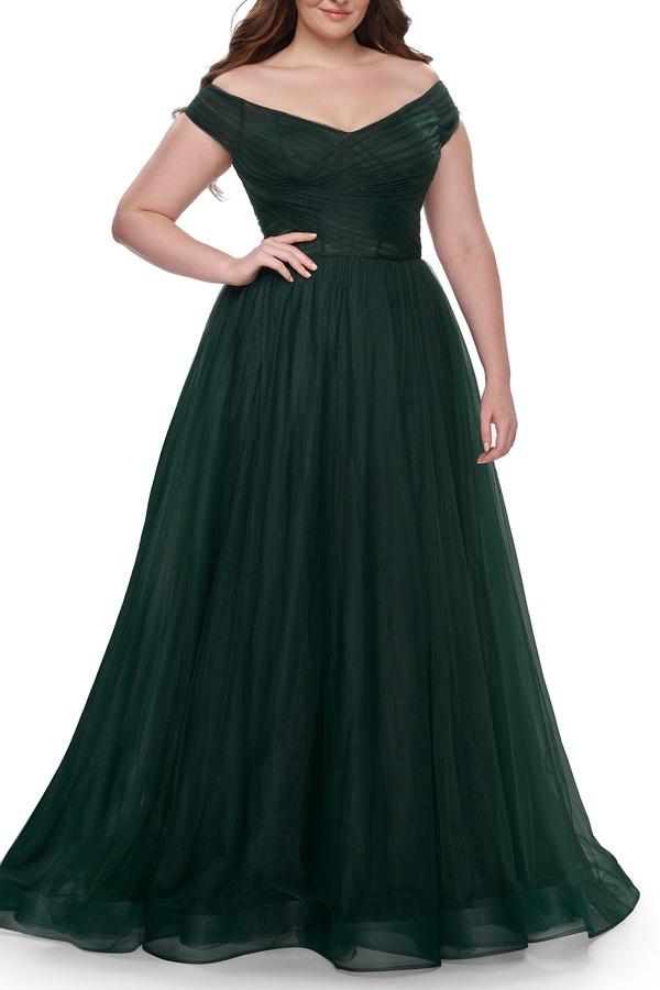 ラフェム レディース トップス ワンピース チュール A ライン プラスサイズ La Femme A-Line Tulle Off the Shoulder Plusize Dress with Slit Dark Emerald エメラルド