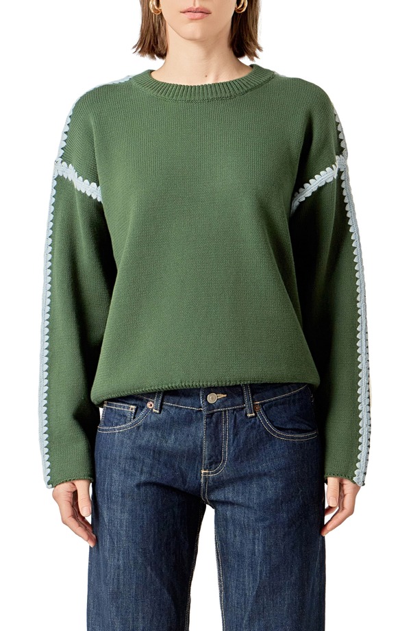 イングリッシュファクトリー レディース アウター パーカー・スウェット リラックスフィット セーター コットン English Factory Stitch Detail Relaxed Fit Cotton Sweater Moss Multi マルチカラー|ReVida 店