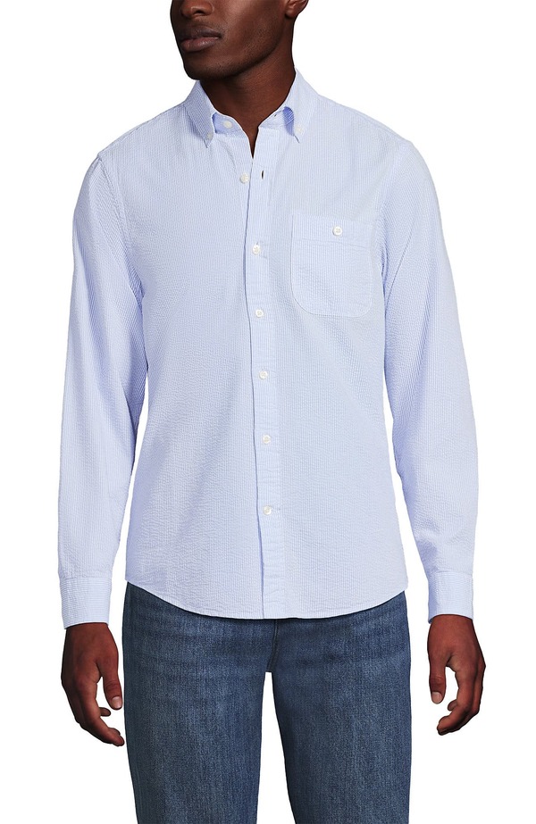 ランズエンド メンズ トップス シャツ Lands' End Long Sleeve Seersucker Shirt Soft French Blue Stripes ブルー