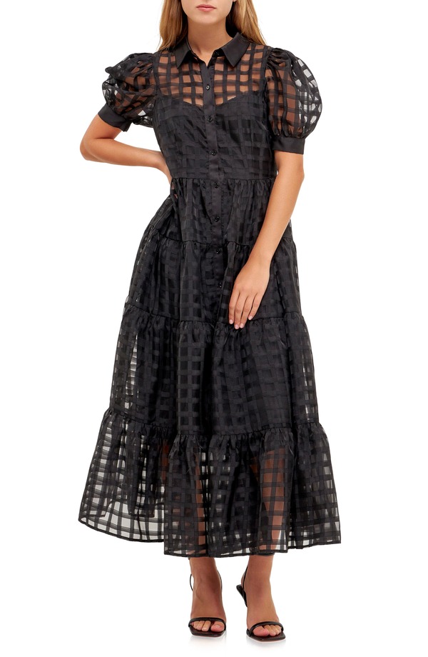 イングリッシュファクトリー レディース トップス ワンピース ティアード ミディ シャツ English Factory Grid Pattern Tiered Midi Shirtdress Black ブラック|ReVida 店