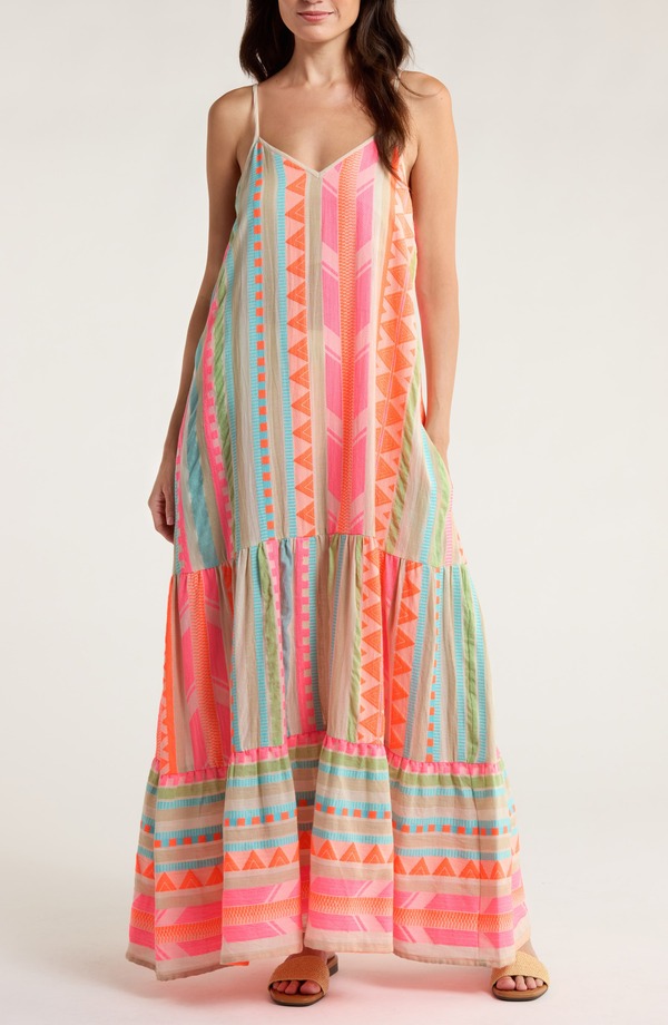 エラン レディース トップス 衣装 ティアード 綿織物 刺しゅう マキシ Elan Embroidered Tiered Cotton Blend Cover-Up Maxi Dress Neon Aztec
