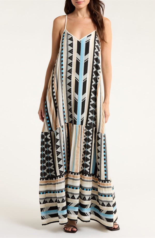 エラン レディース トップス 衣装 ティアード 綿織物 刺しゅう マキシ Elan Embroidered Tiered Cotton Blend Cover-Up Maxi Dress Neutral Aztec