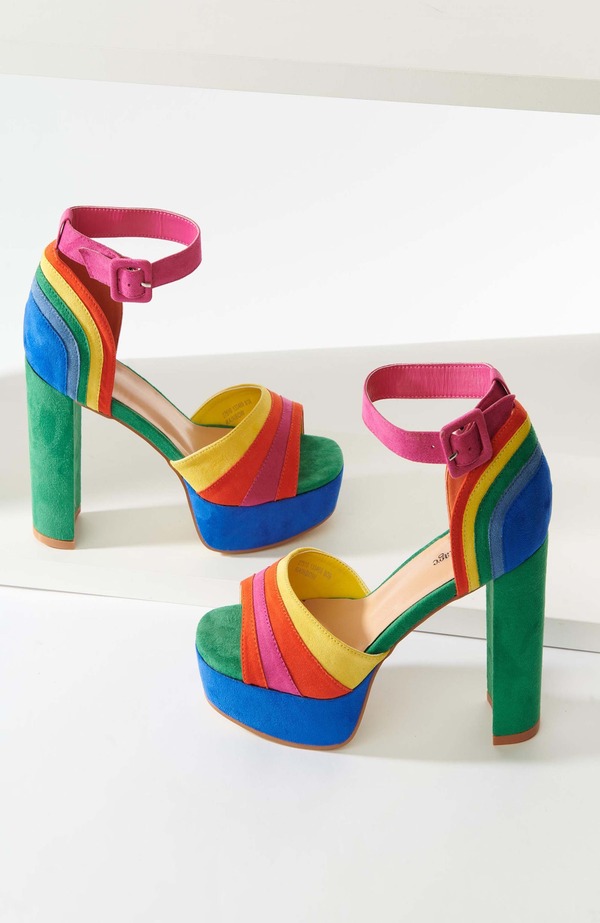 ユニークビンテージ レディース シューズ 踵 プラットホーム Unique Vintage Peep Toe Platform Heels Rainbow Stripes 縞模様