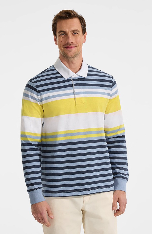 ランズエンド メンズ トップス シャツ Lands' End Long Sleeve Rugby Shirt Deep Ocean/Yellow Stripe イエロー