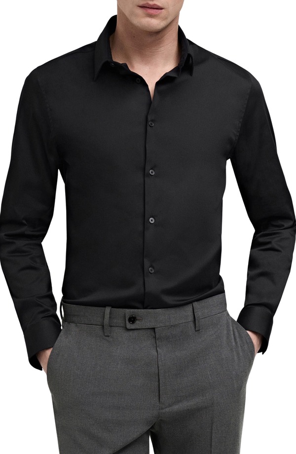 マンゴ メンズ トップス シャツ スリムフィット MANGO Slim Fit Stretch Poplin Button-Up Shirt Black ブラック